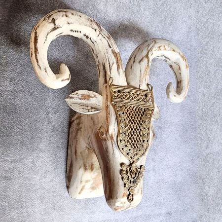 White Distressed Ram Head Handcrafted Wooden Wall Art